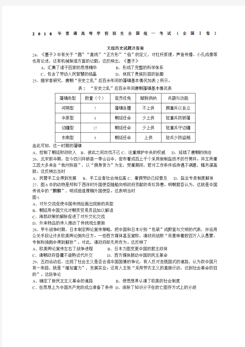 高考文科历史全国卷试题及答案