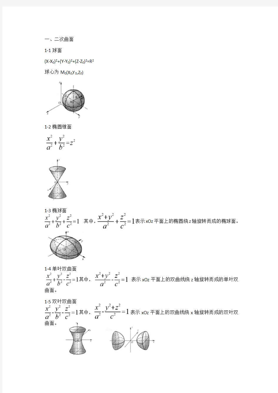 高等数学几种常见的曲面及其方程