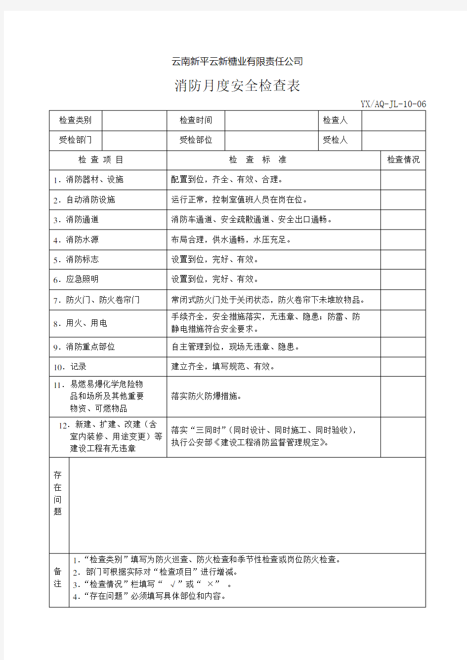 消防月度安全检查表