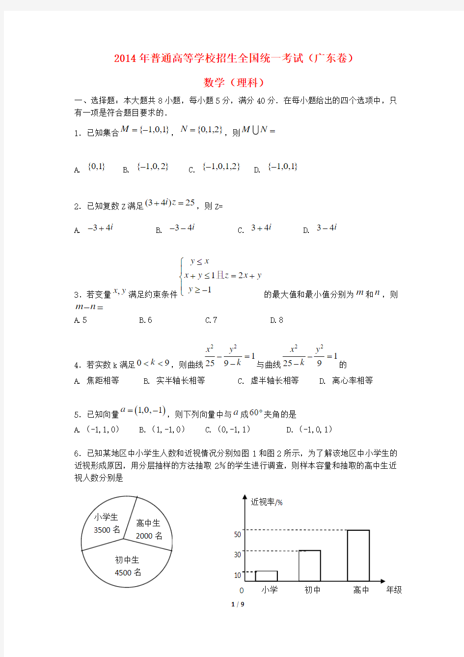 2014年普通高等学校招生全国统一考试数学理试题(广东卷,含答案)
