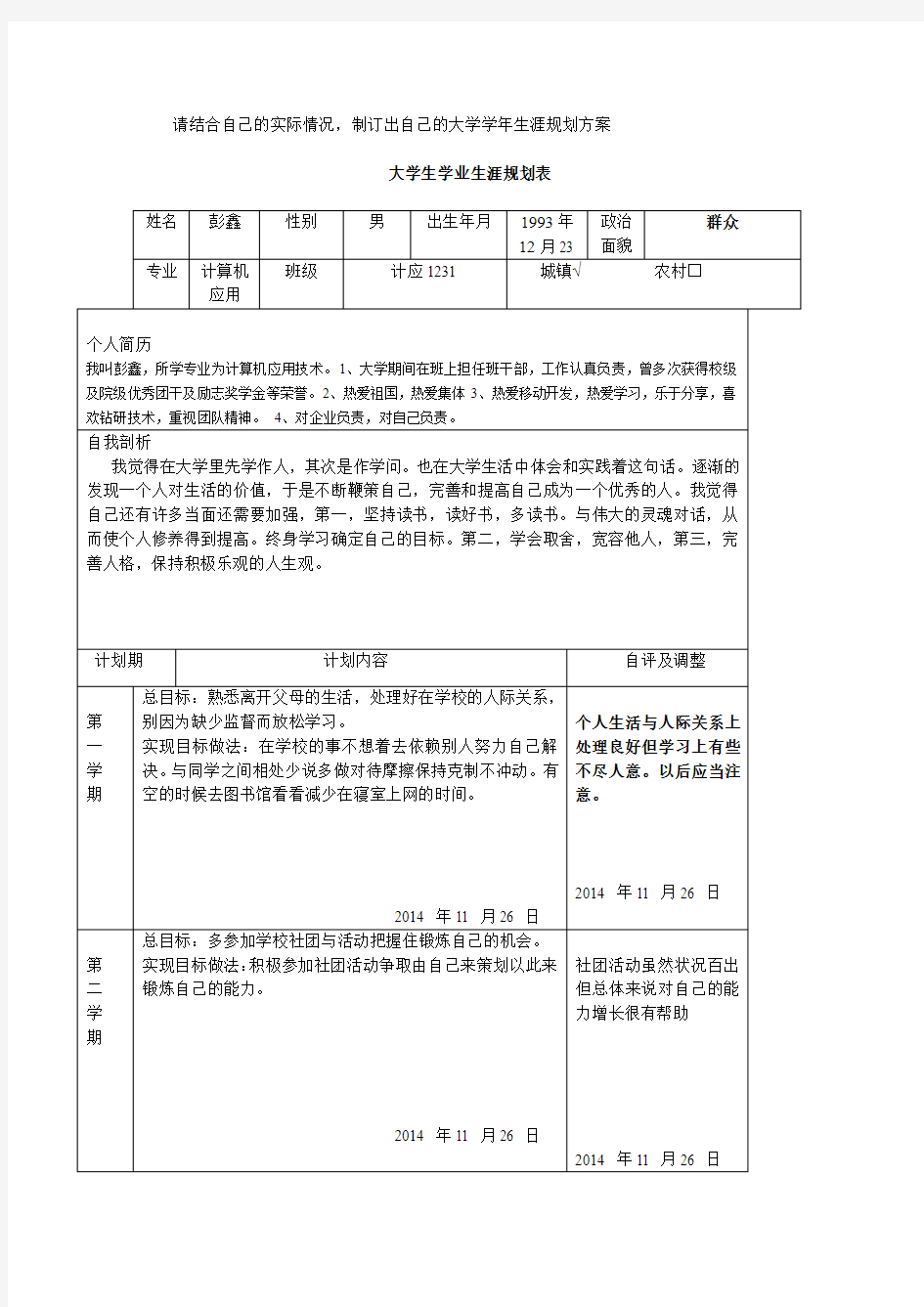 大学生学业生涯规划表