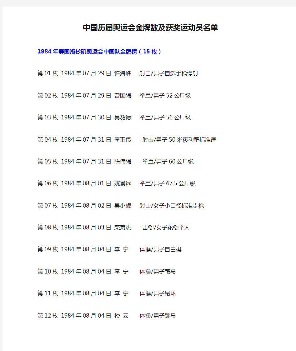 中国历届奥运会金牌数及获奖运动员名单