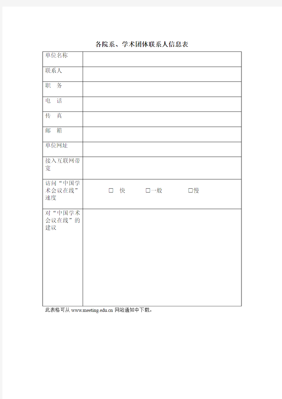 各院系、学术团体联系人信息表