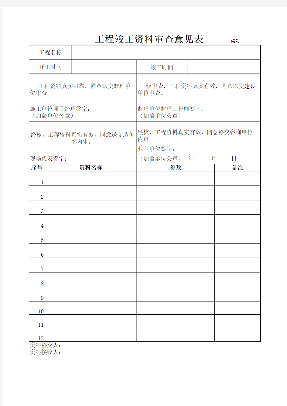 工程竣工资料审查意见表