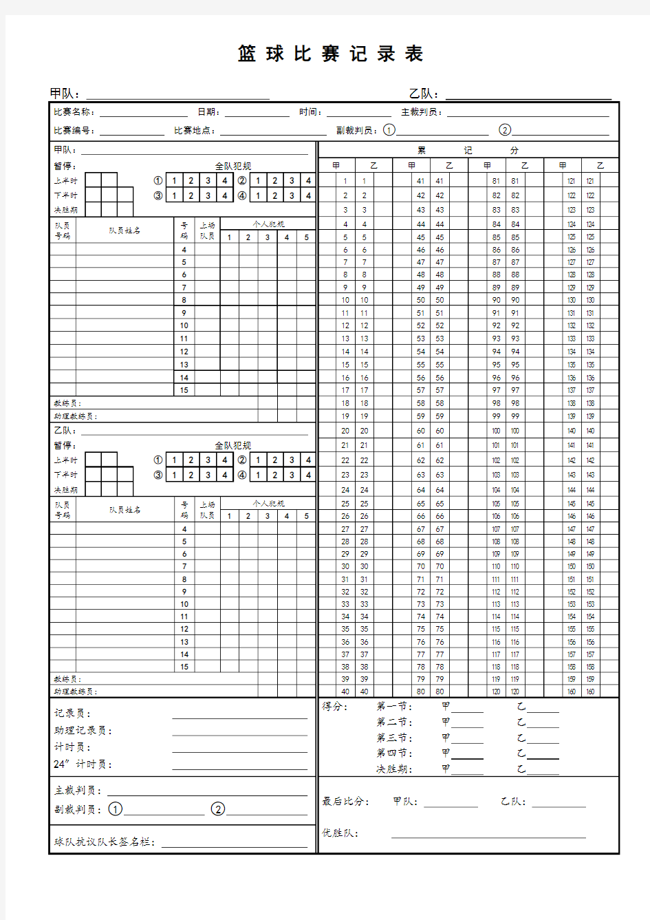 标准篮球比赛记录表模板