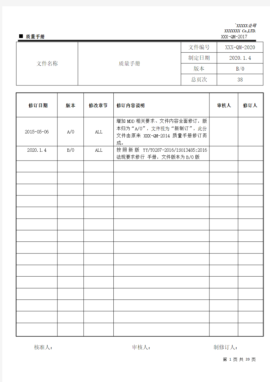 医疗生产企业-ISO13485-2016版质量手册全套