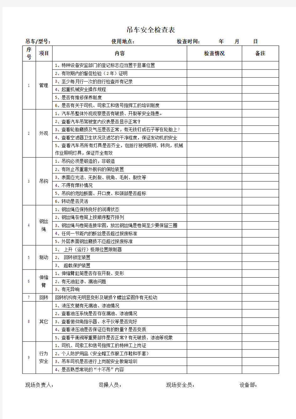 吊车安全检查表空白