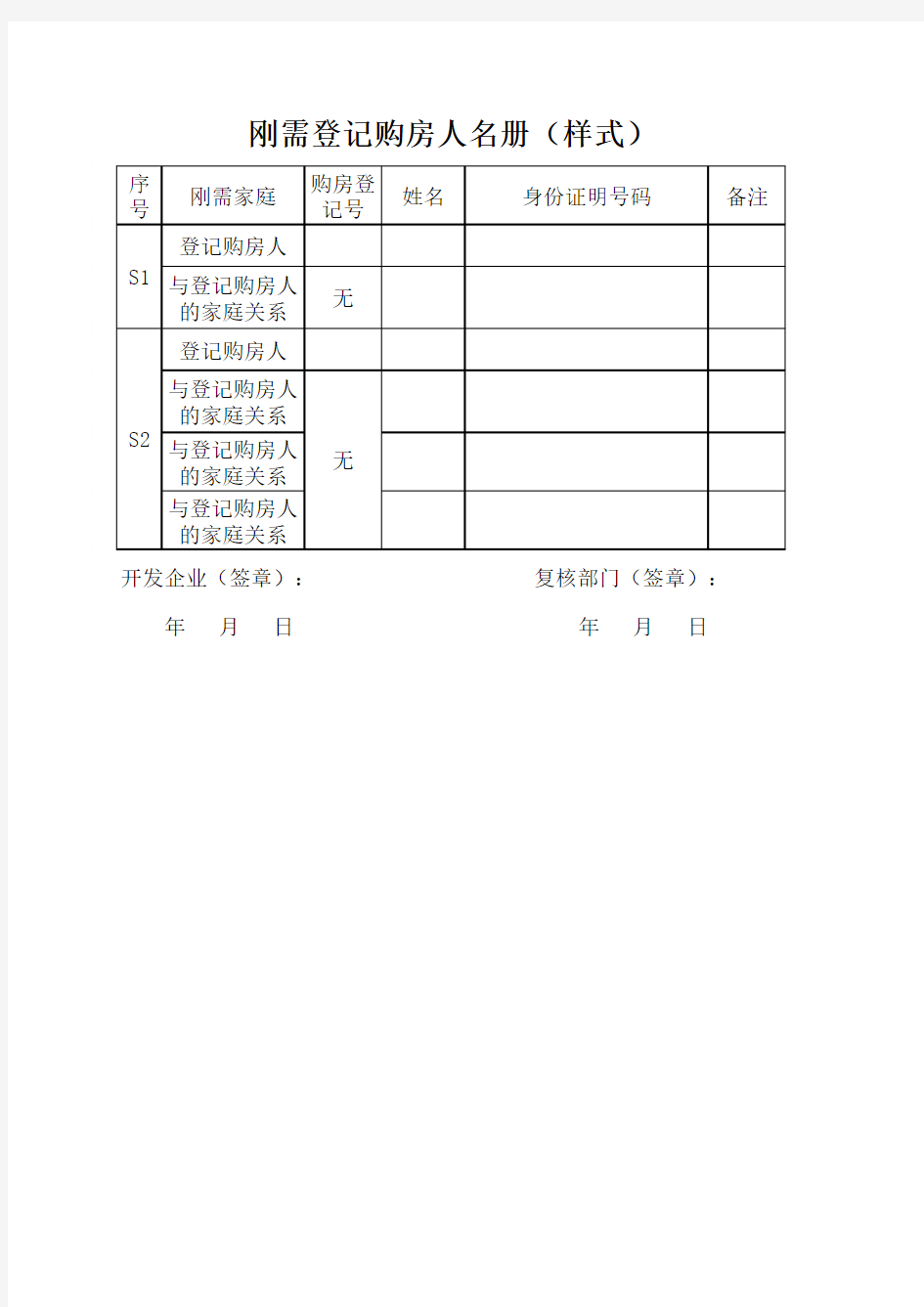 刚需登记购房人名册(样式)