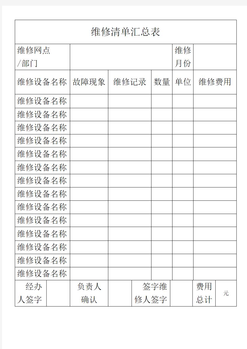 维修清单汇总表