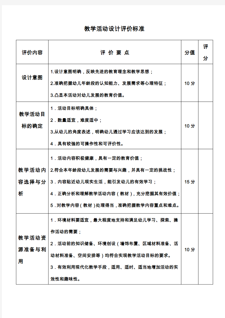 教学活动设计评价标准