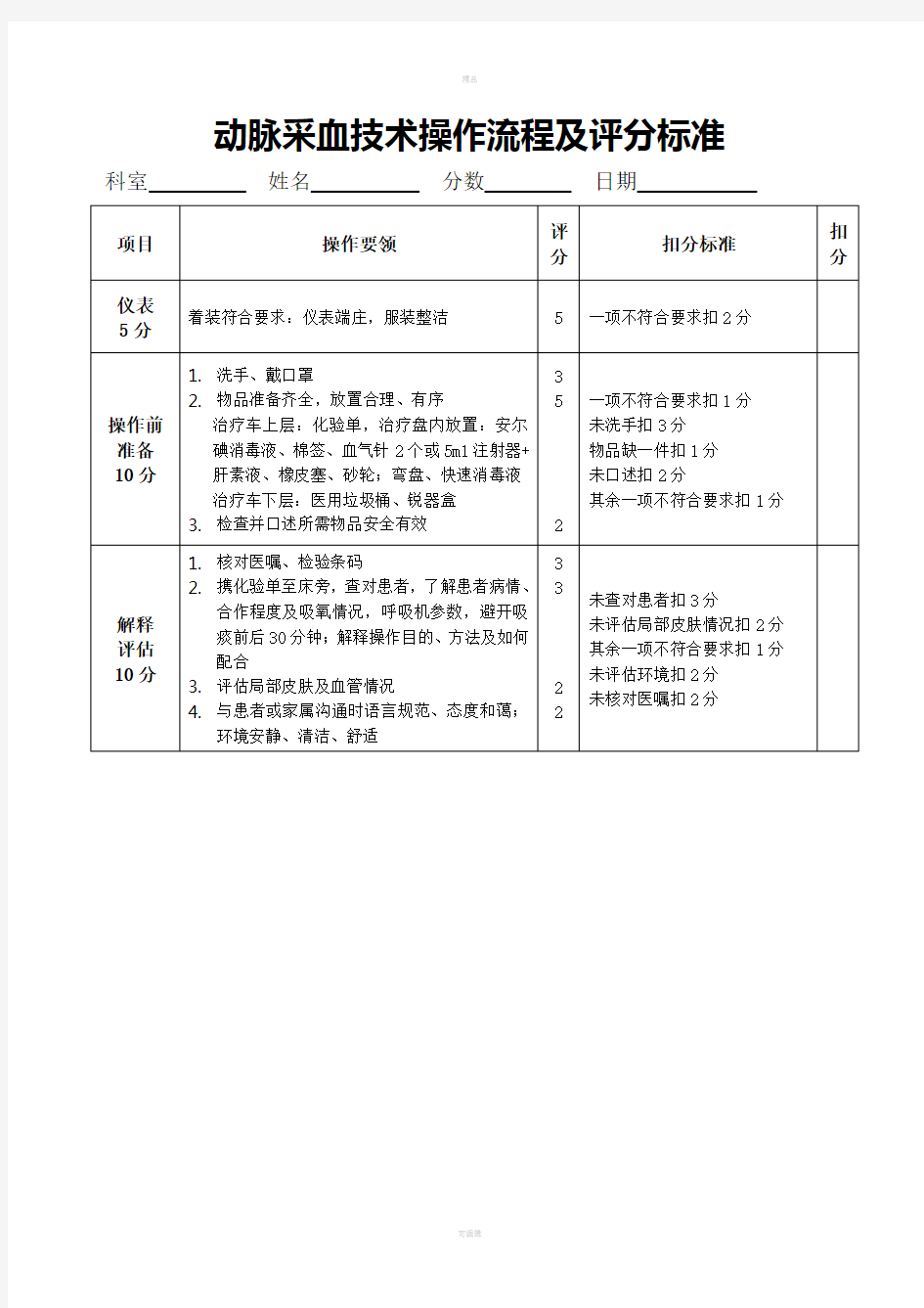 动脉采血技术操作流程及评分标准