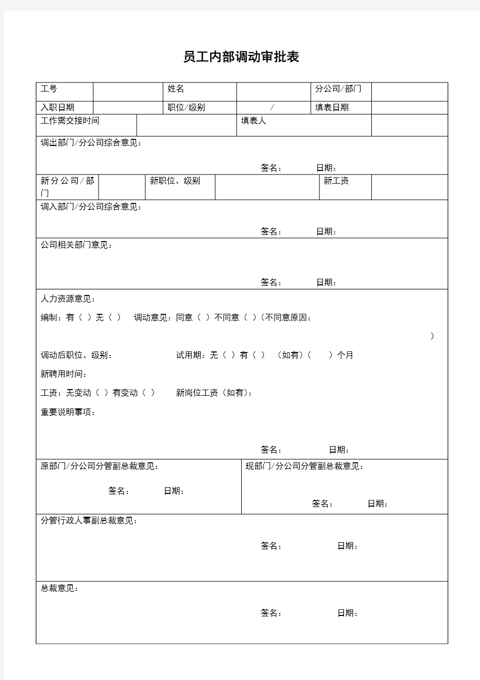 集团员工内部调动审批表(新)