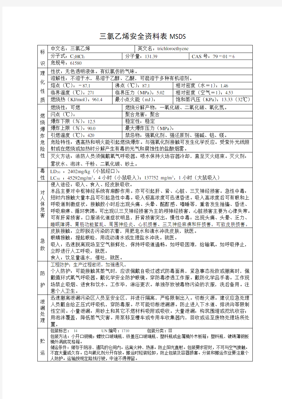 三氯乙烯安全资料表MSDS