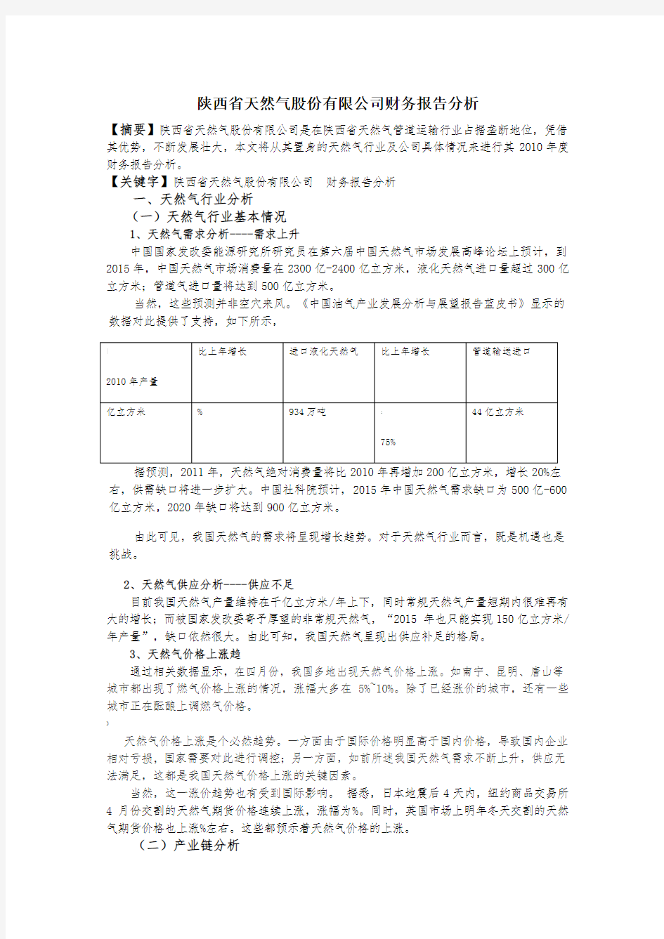 陕西省天然气股份有限公司财务报告分析