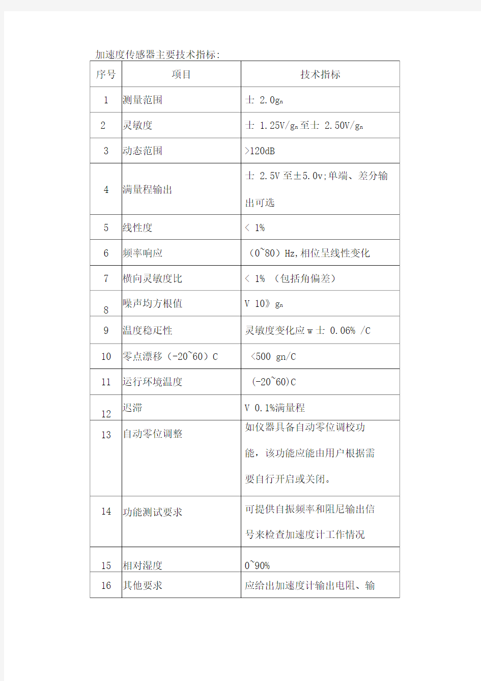 加速度传感器主要技术指标