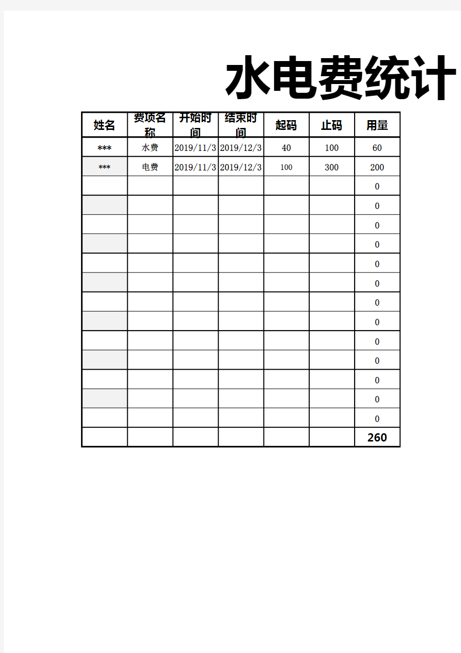 水电费统计汇总表