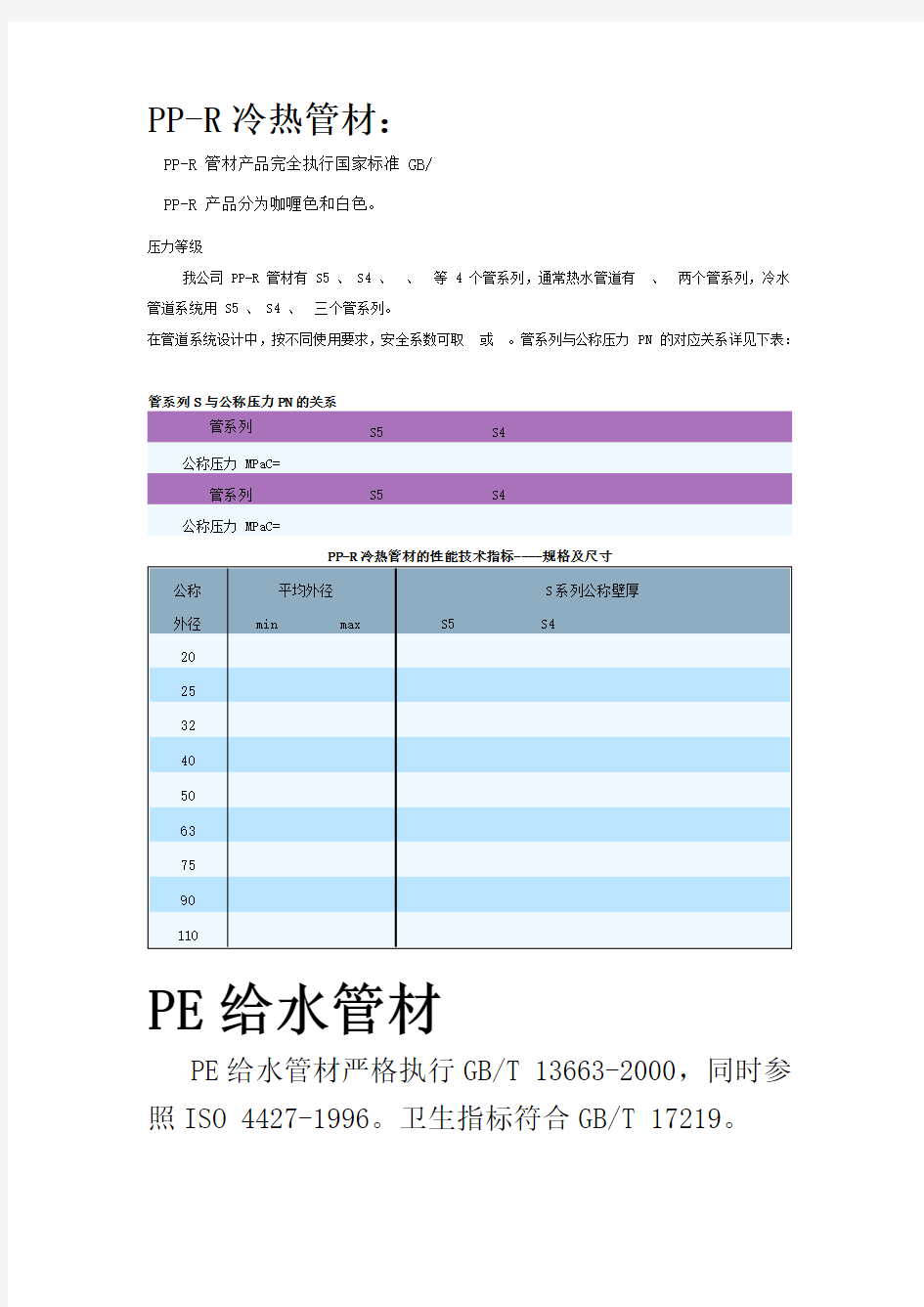 常用管材执行标准及常用的管径大小