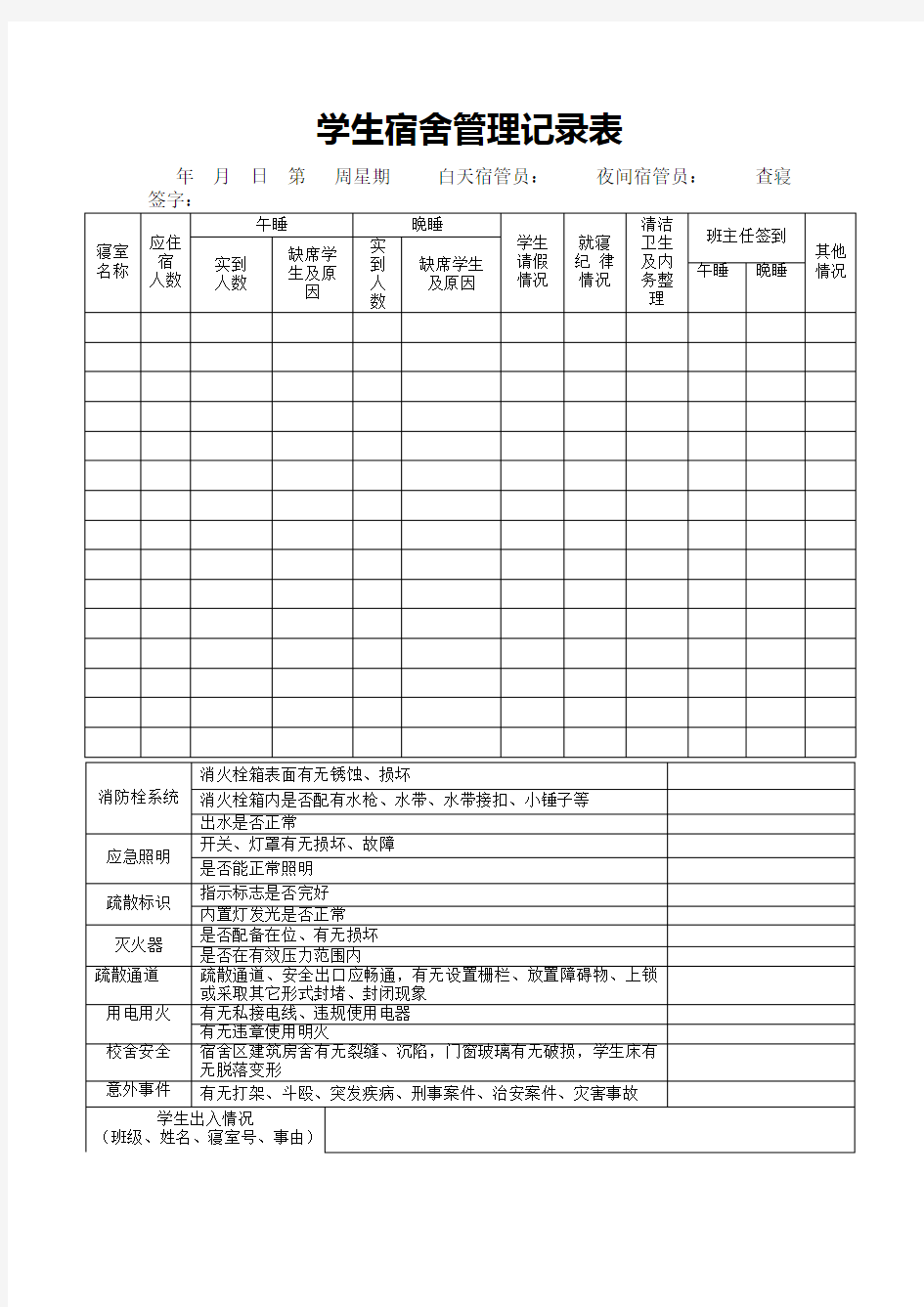 学生宿舍管理记录表