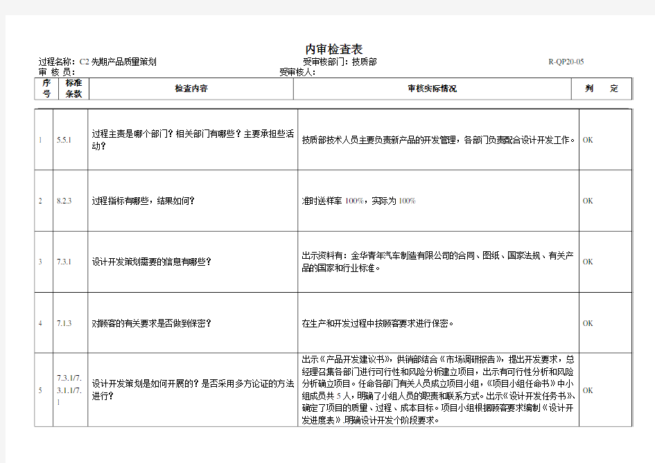 c2先期产品质量策划内审检查表