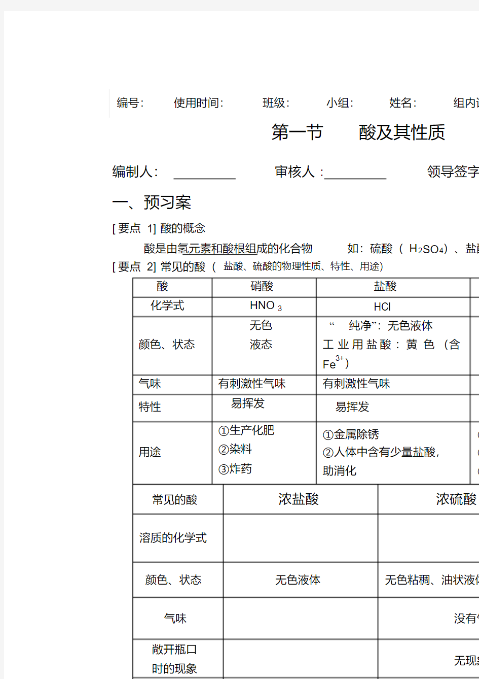 酸及其性质知识点