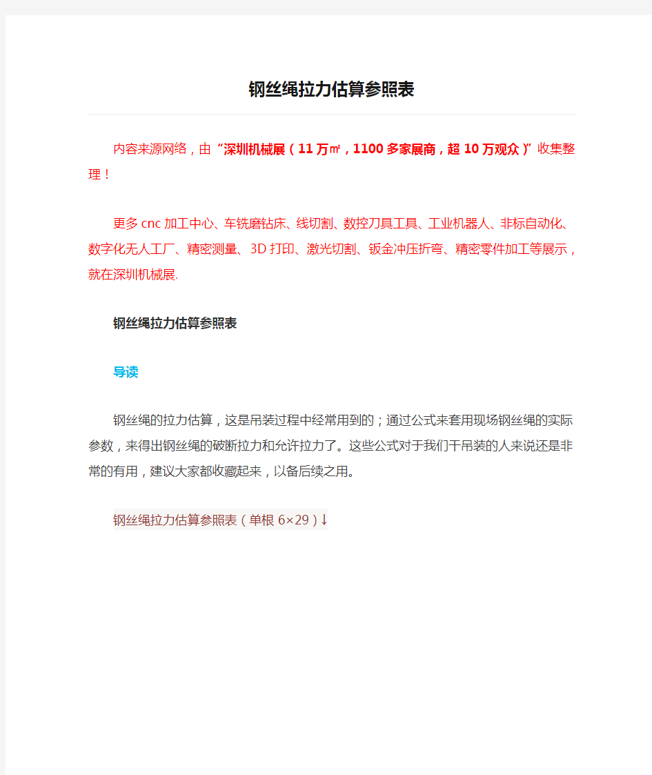 钢丝绳拉力估算参照表