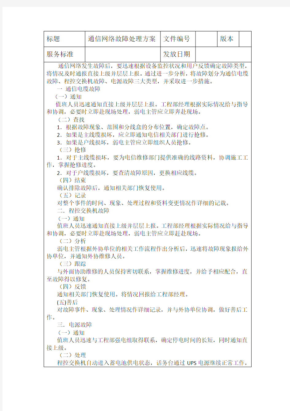 通信网络故障应急预案