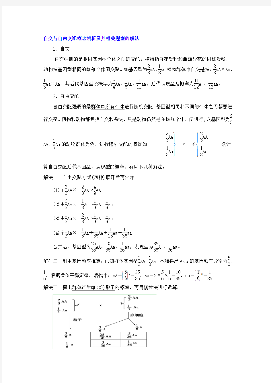 辨析自交与自由交配的经典例题