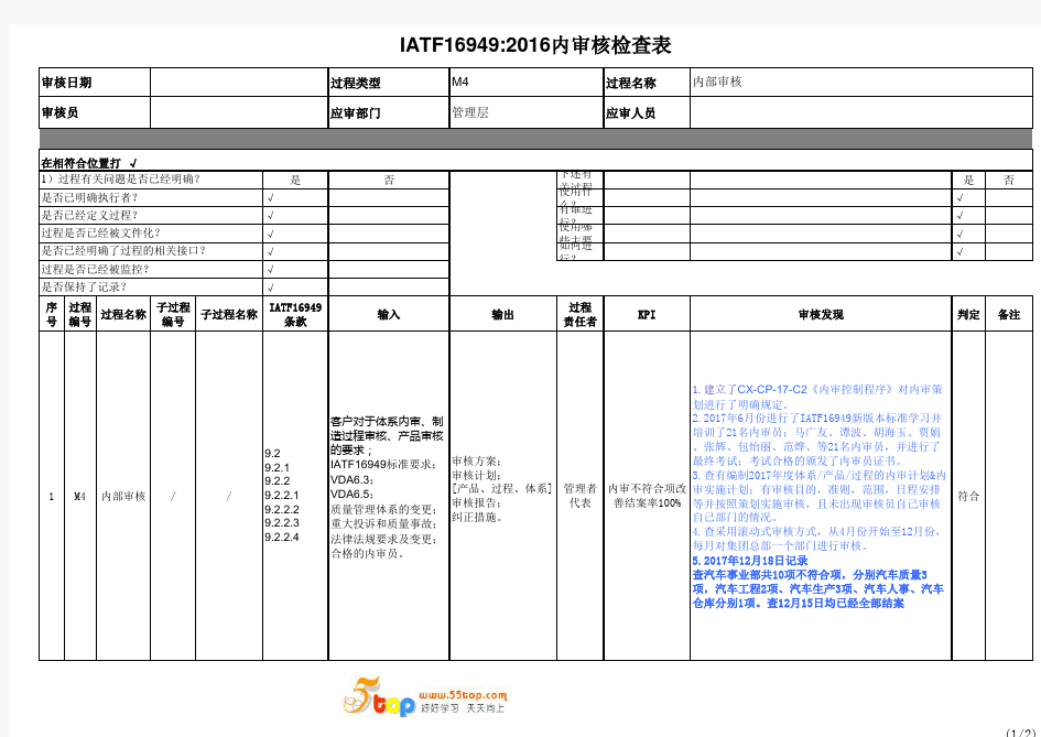 IATF16949内部审核过程审核检查表