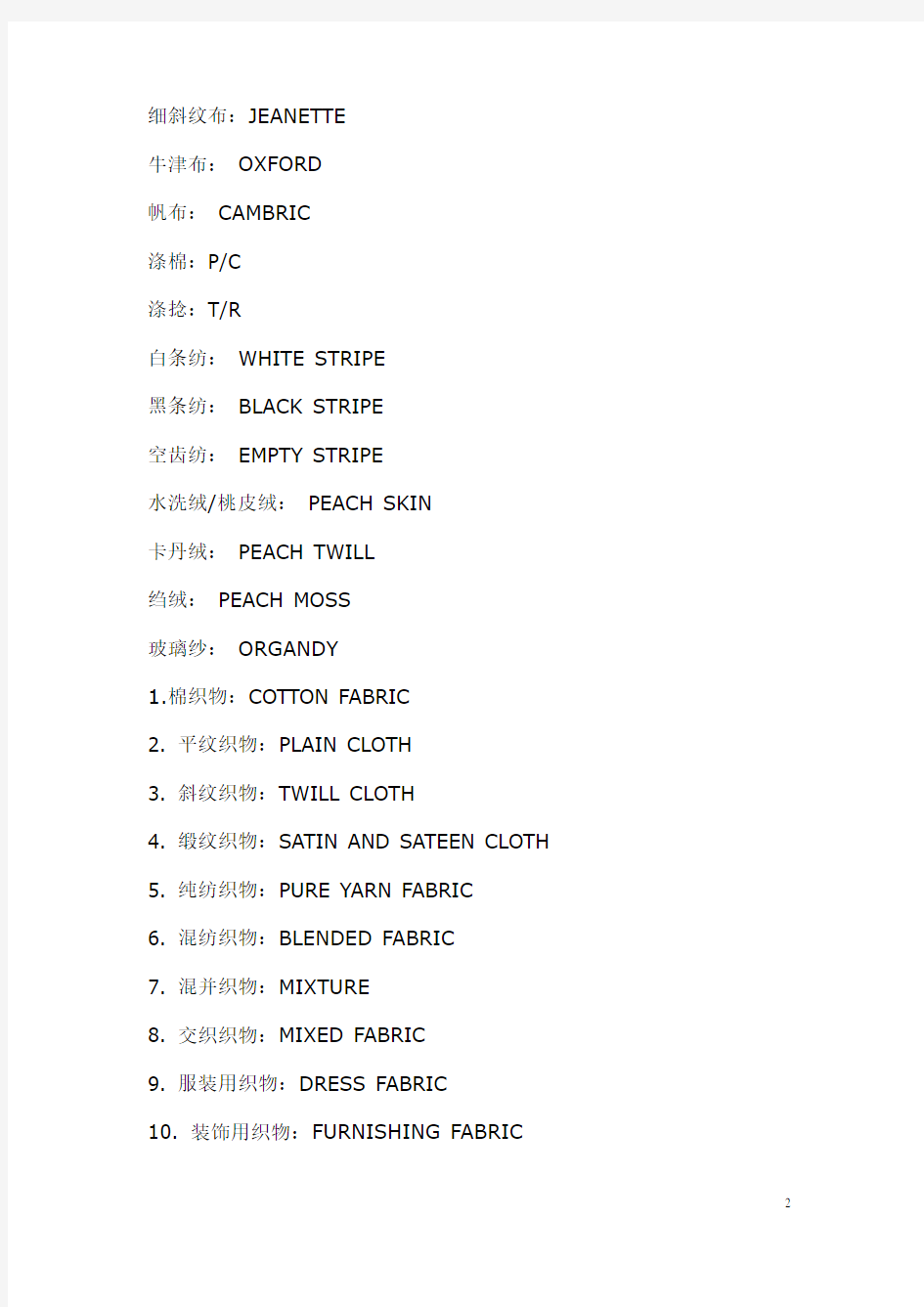 纺织面料英语词汇