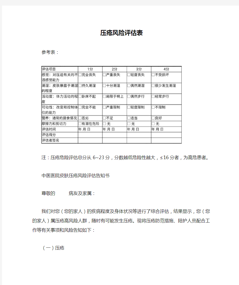 压疮风险评估表