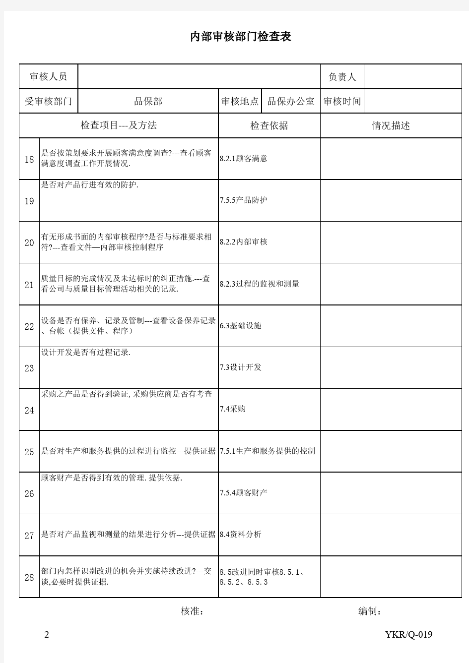 ISO9001内部审核检查表范本【通用版本】