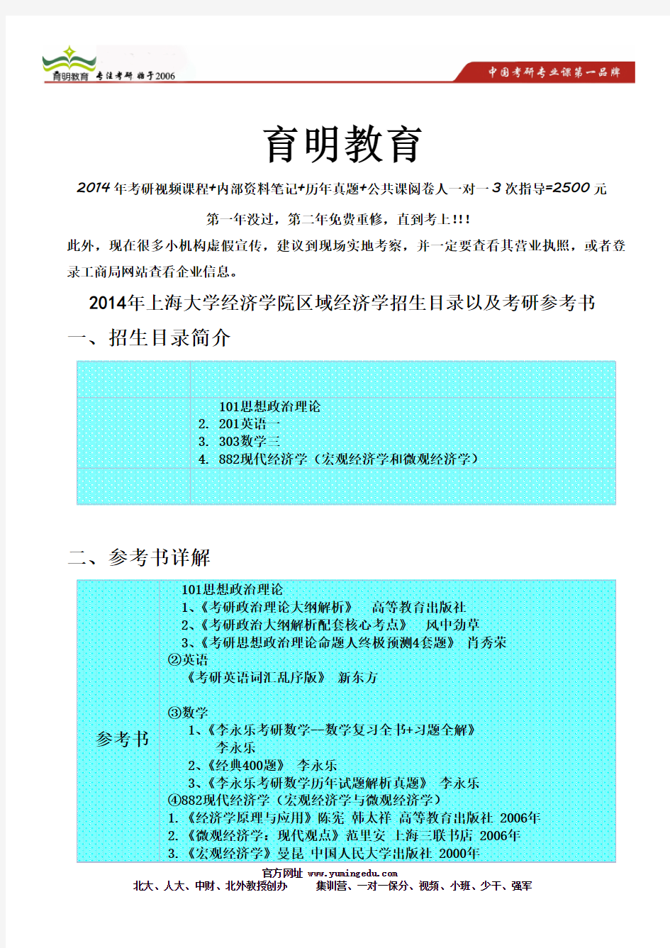 2014年上海大学经济学院区域经济学招生目录以及考研参考书