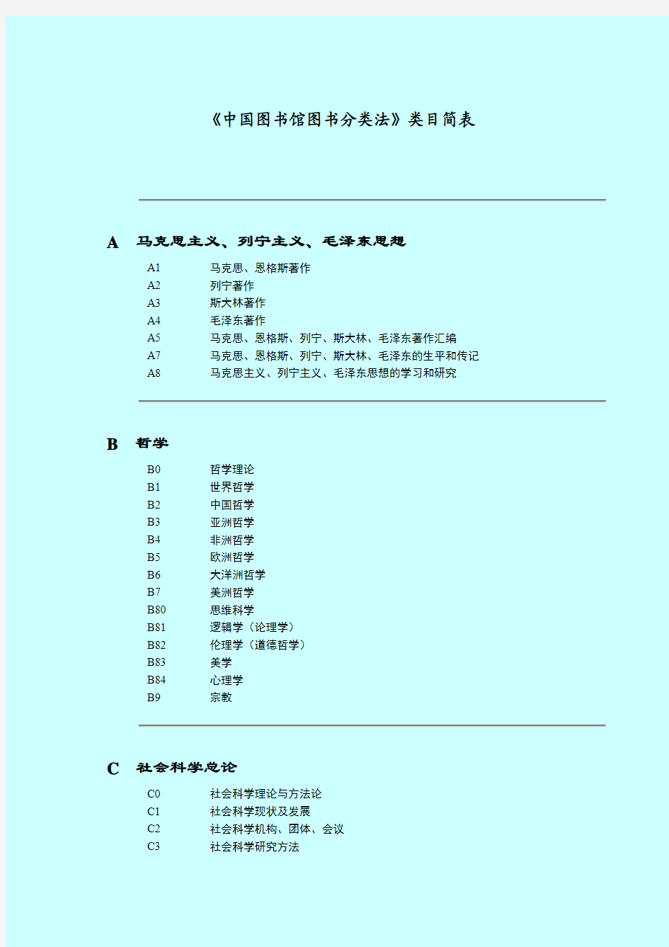 中国图书馆图书分类法类目简表