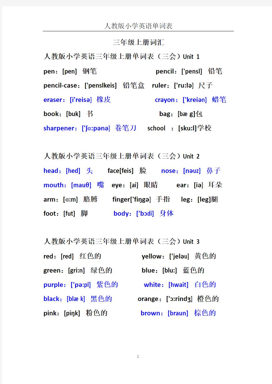 人教版小学英语单词表大全(带音标)