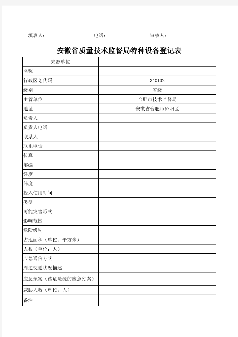 安徽省质量技术监督局特种设备登记表
