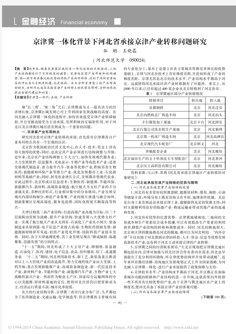 京津冀一体化背景下河北省承接京津产业转移问题研究_谷聪