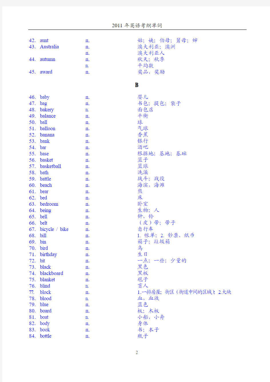 2011年上海初中英语考纲单词表名词部分