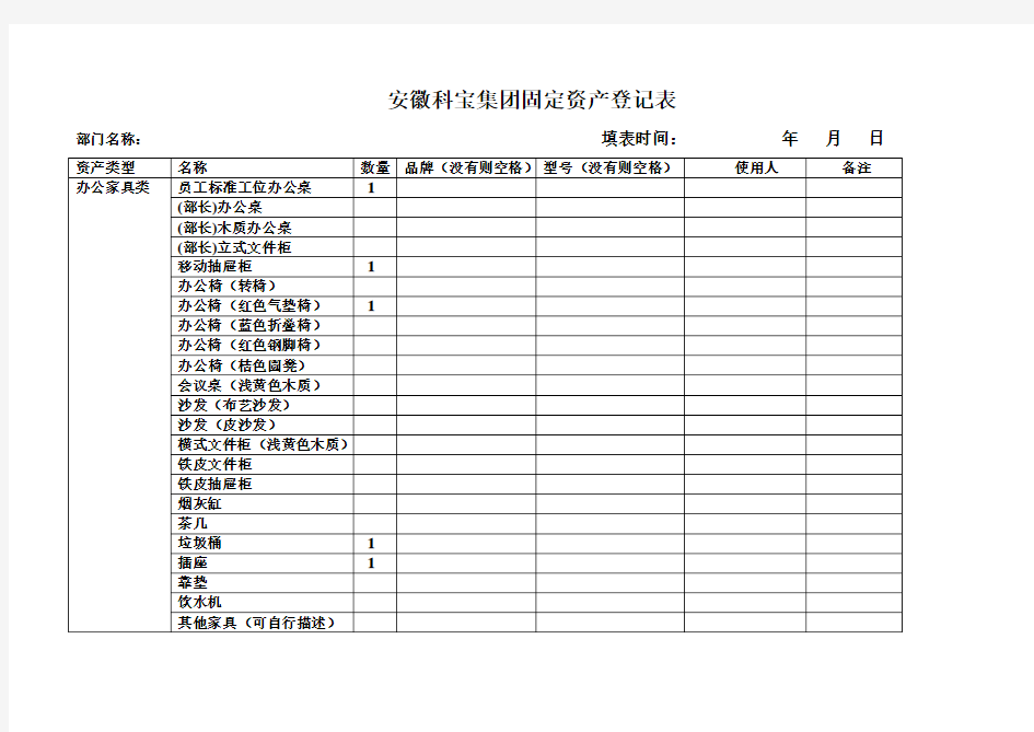 《公司固定资产登记表》