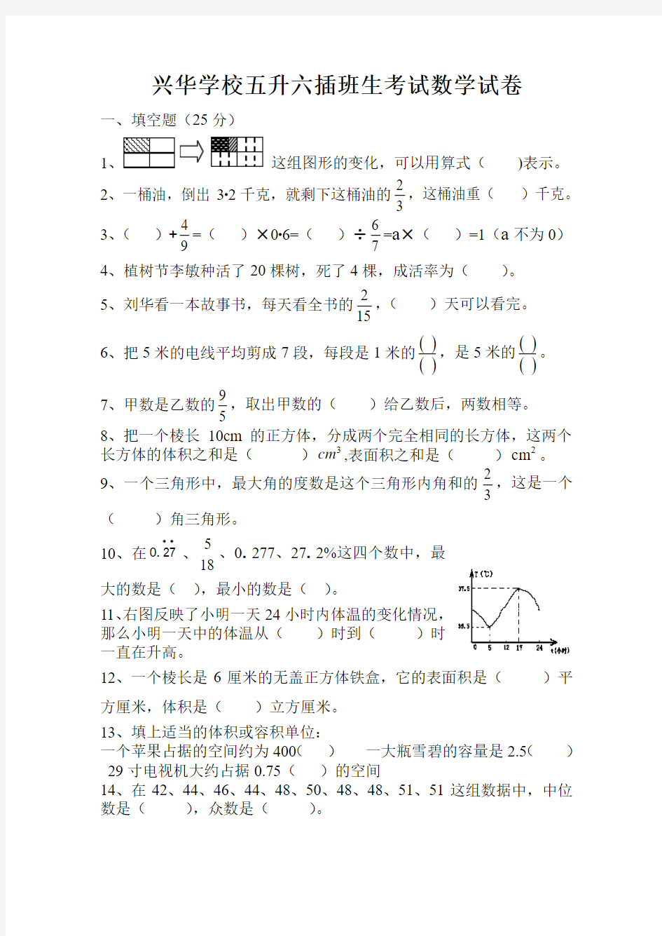 五升六插班生考试数学试卷(二)