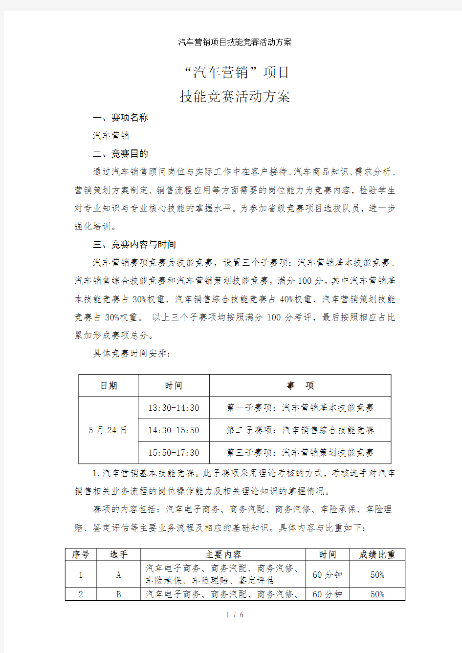 汽车营销项目技能竞赛活动方案