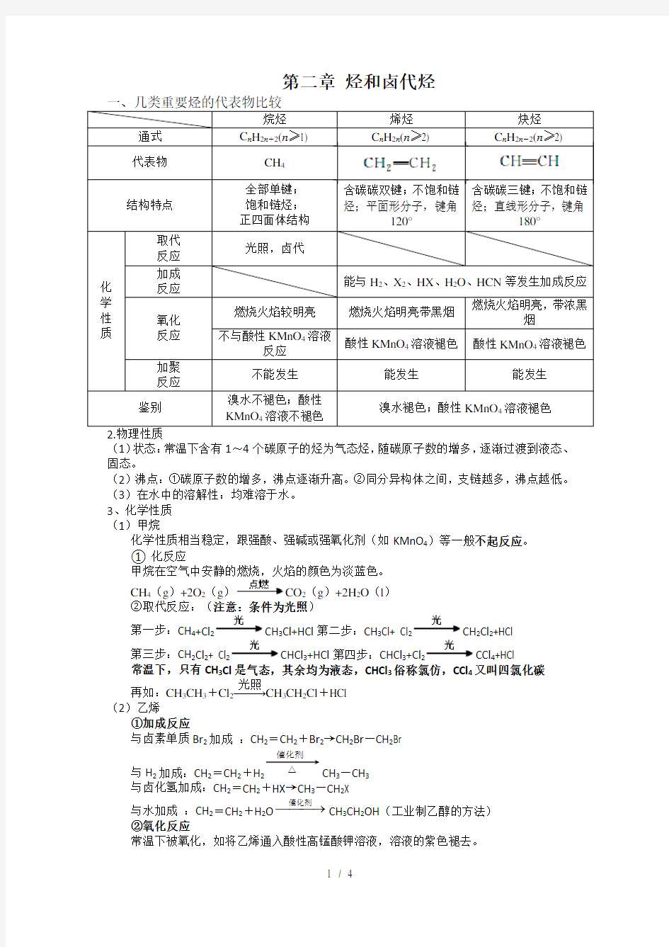 人教 高中化学选修5知识点总结：第二章烃和卤代烃