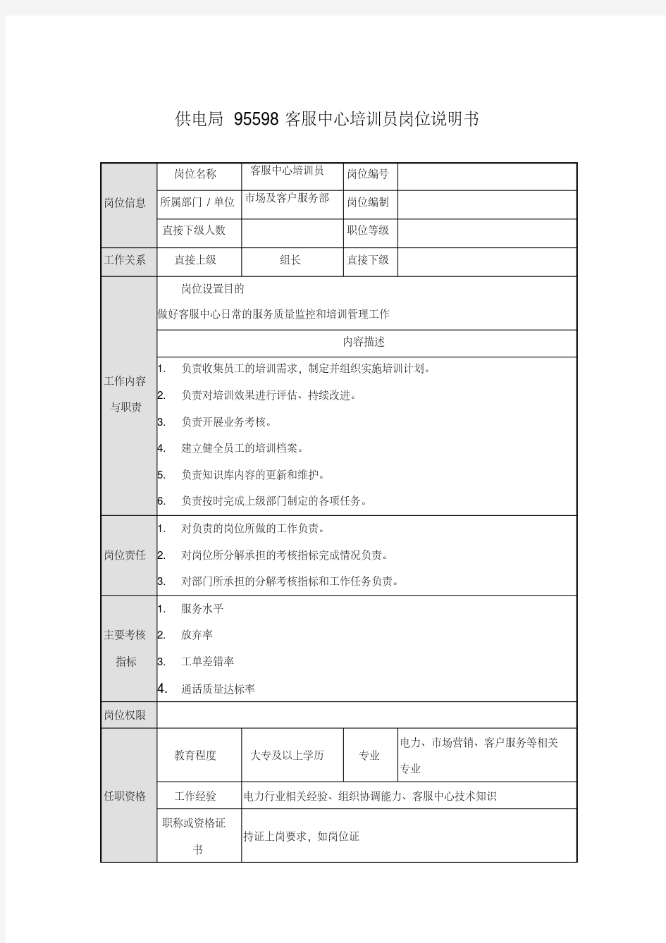 供电局95598客服中心培训员岗位说明书