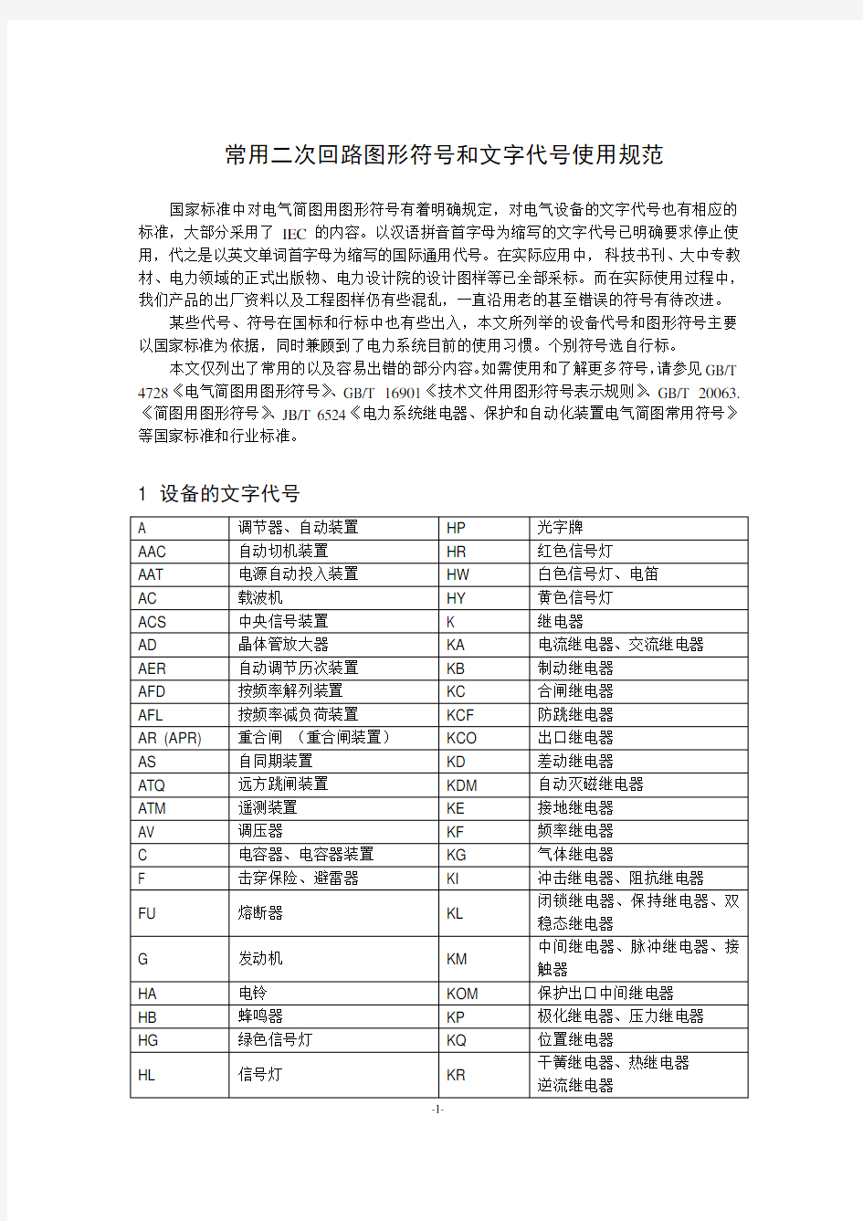 电气资料常用二次回路图形符号和文字代号使用规范分解