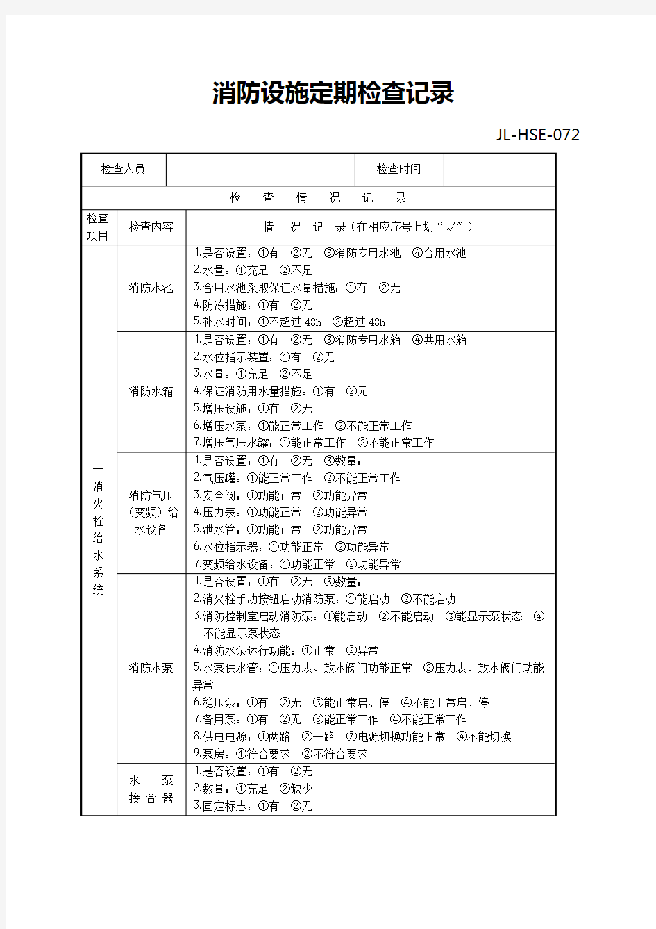 消防设施检查记录表