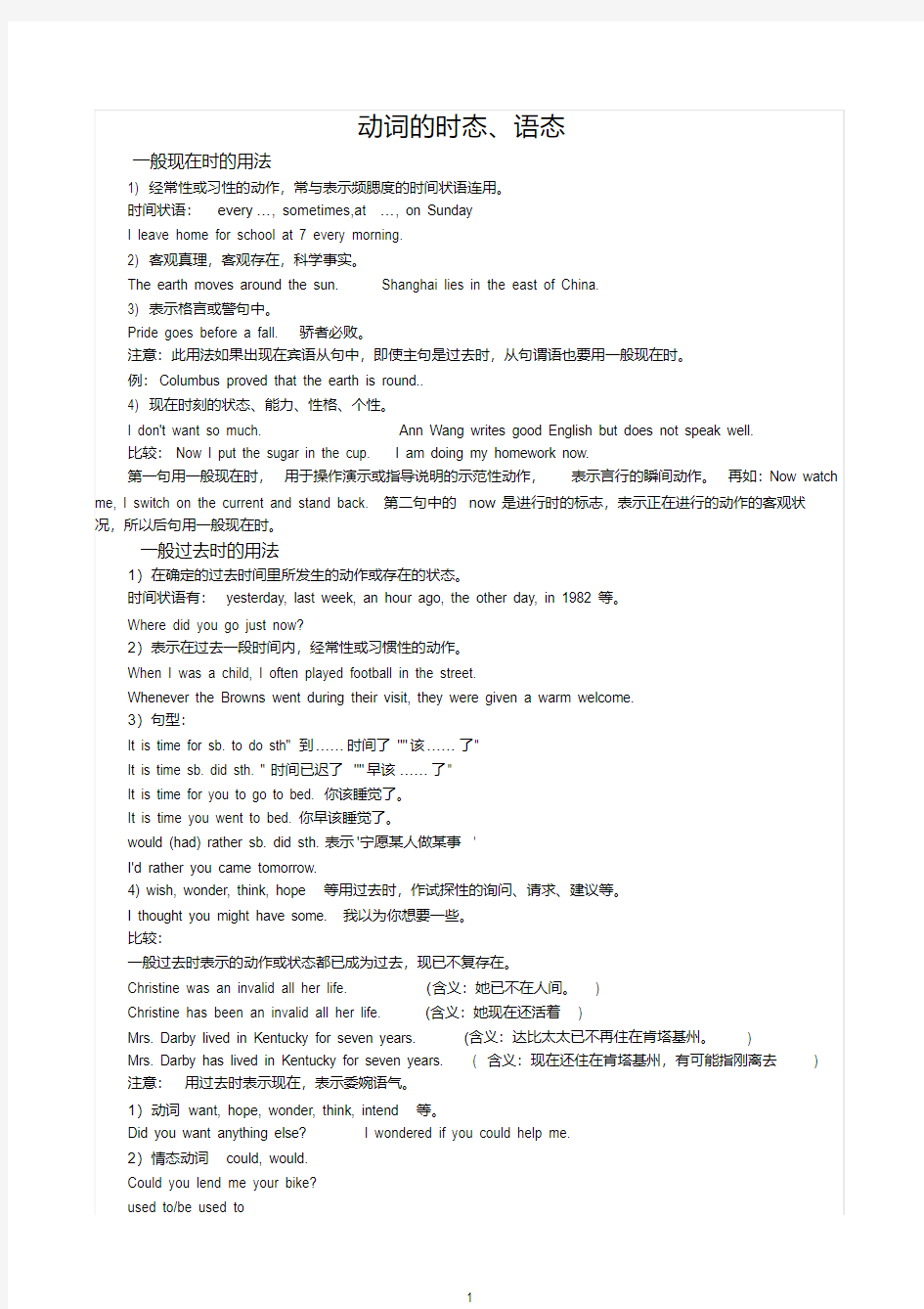 高中英语语法总结大全之动词的时态语态