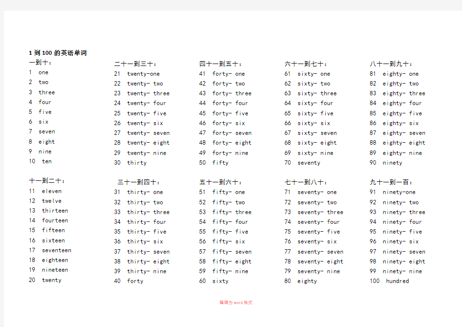 1到100的英语单词