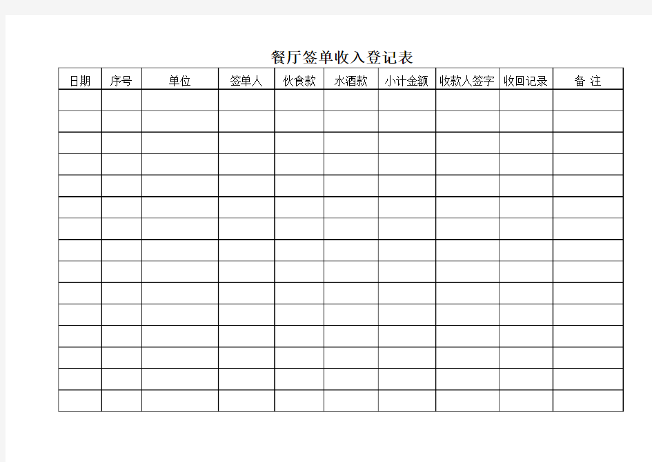 餐厅签单收入登记表