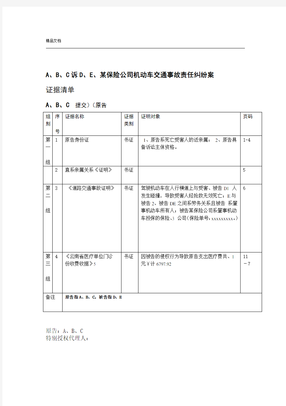 机动车交通事故责任纠纷案证据清单