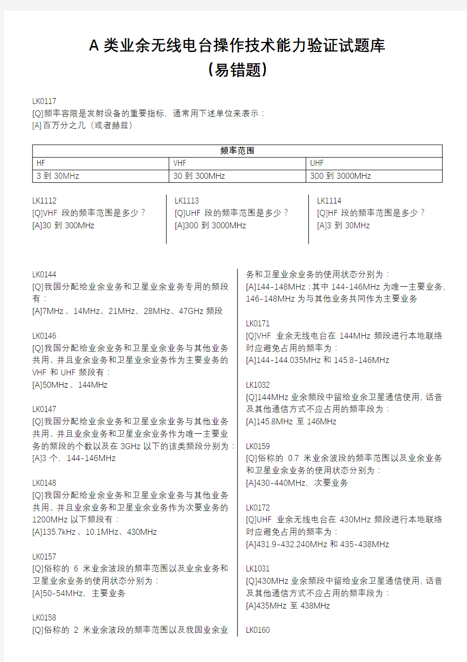 A类业余无线电台操作技术能力验证试题库(易错题)