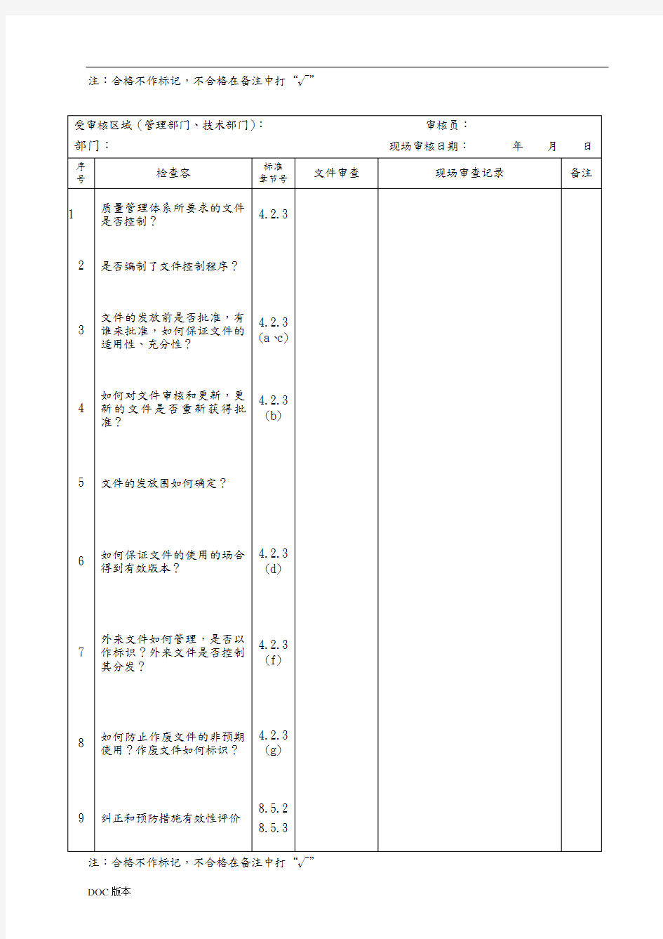 质量管理体系检查表汇编